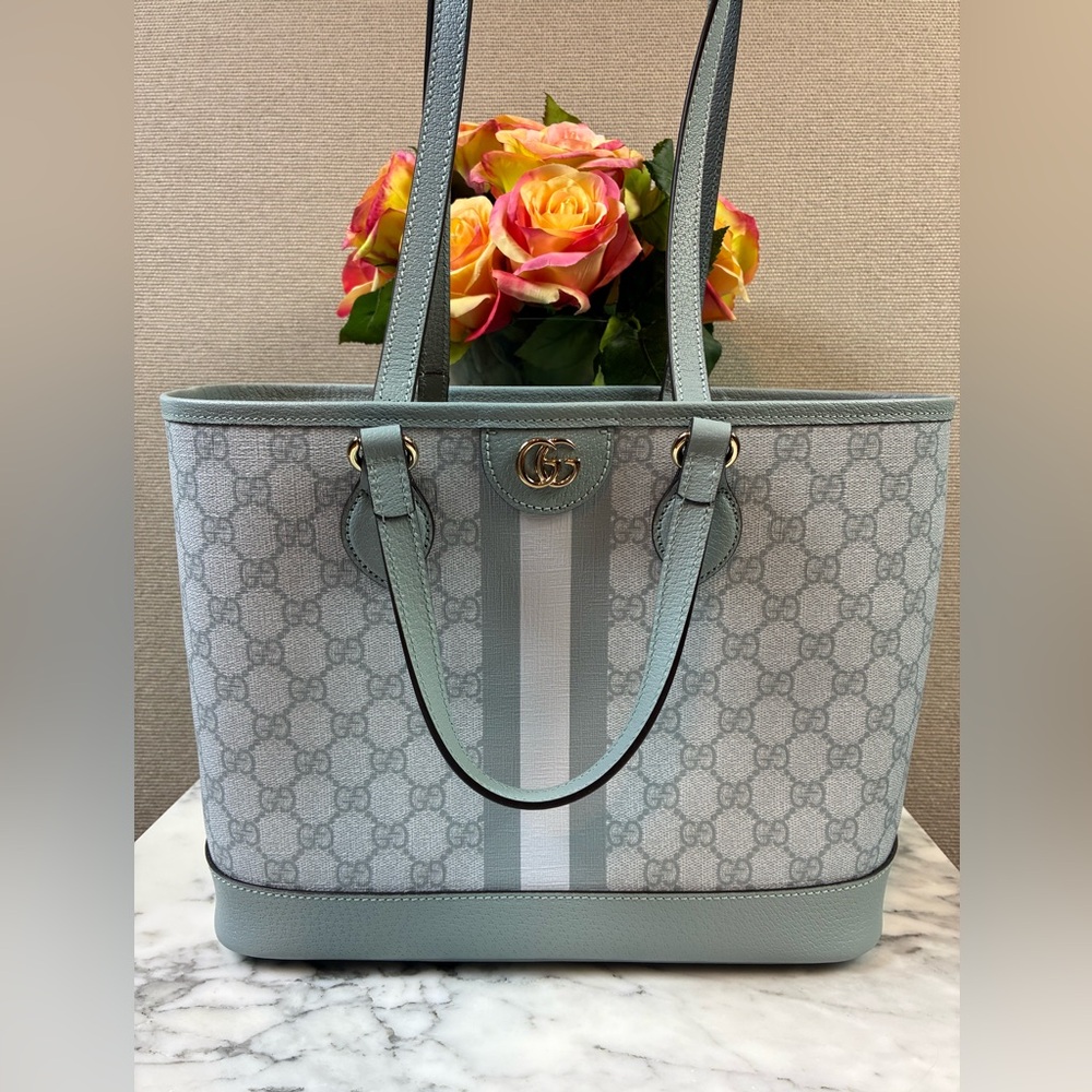 NWT Authentic Gucci GG Ophidia Supreme Web Light Blue 2-Way Small Tote Bag